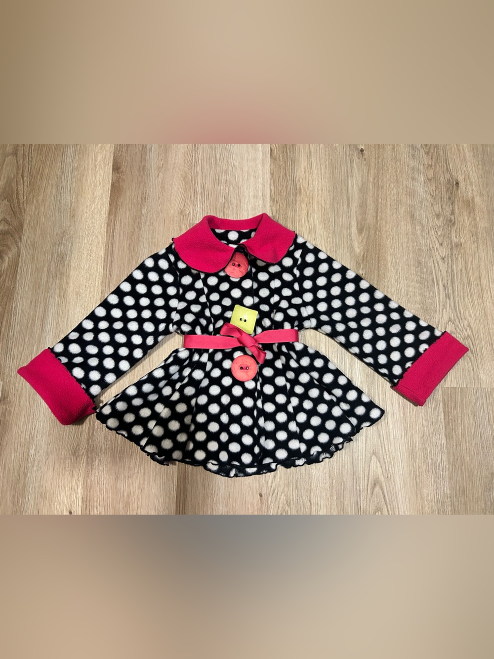 Girls Black & White Polka Dot Pea Coat with Pink Trim